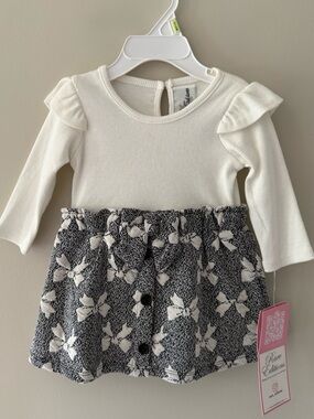 Rare Editions NWT Black and White Bow Ruffle Baby Girl Dress Onesie 3-6 Month